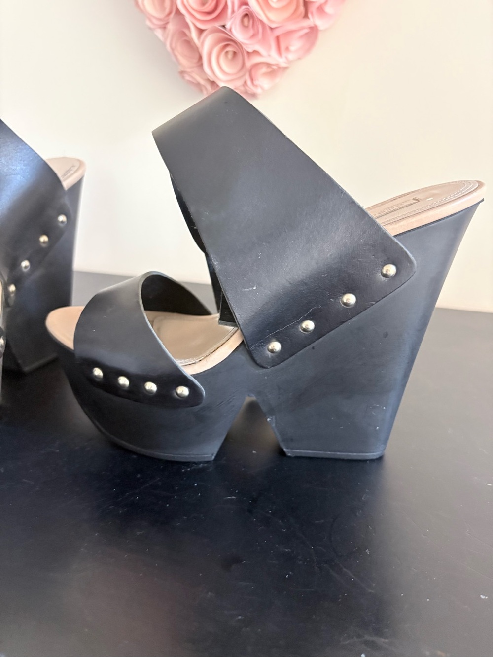 BCBGMaxAzria Black Studded Platform Wedge Sandals size 39